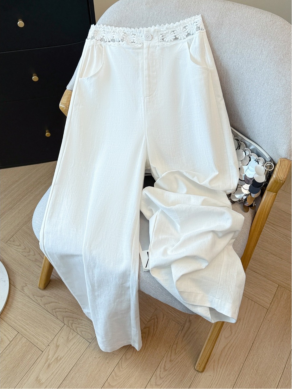 Linen Pant Wide - White Lace Hollow Flower Linen High